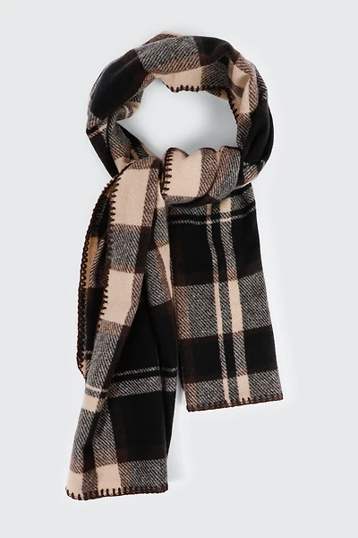 Ardene Plaid Blanket Stitch Scarf in Brown | Polyester