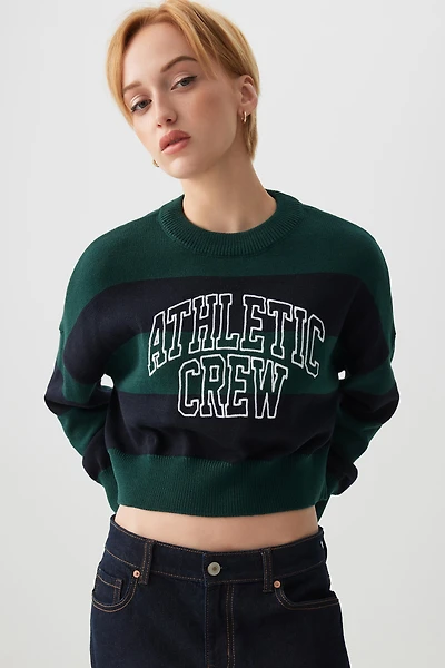 Ardene Striped Crop Sweater in Medium Green | Size Small | Polyester/Cotton