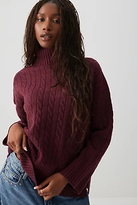 Ardene Cable Knit Turtleneck Sweater in Burgundy | Size | Polyester/Spandex