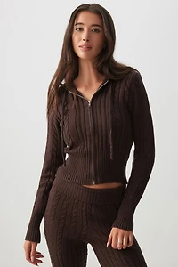 Ardene Cable Knit Zip Up Hooded Sweater in | Size | Polyester/Nylon/Viscose