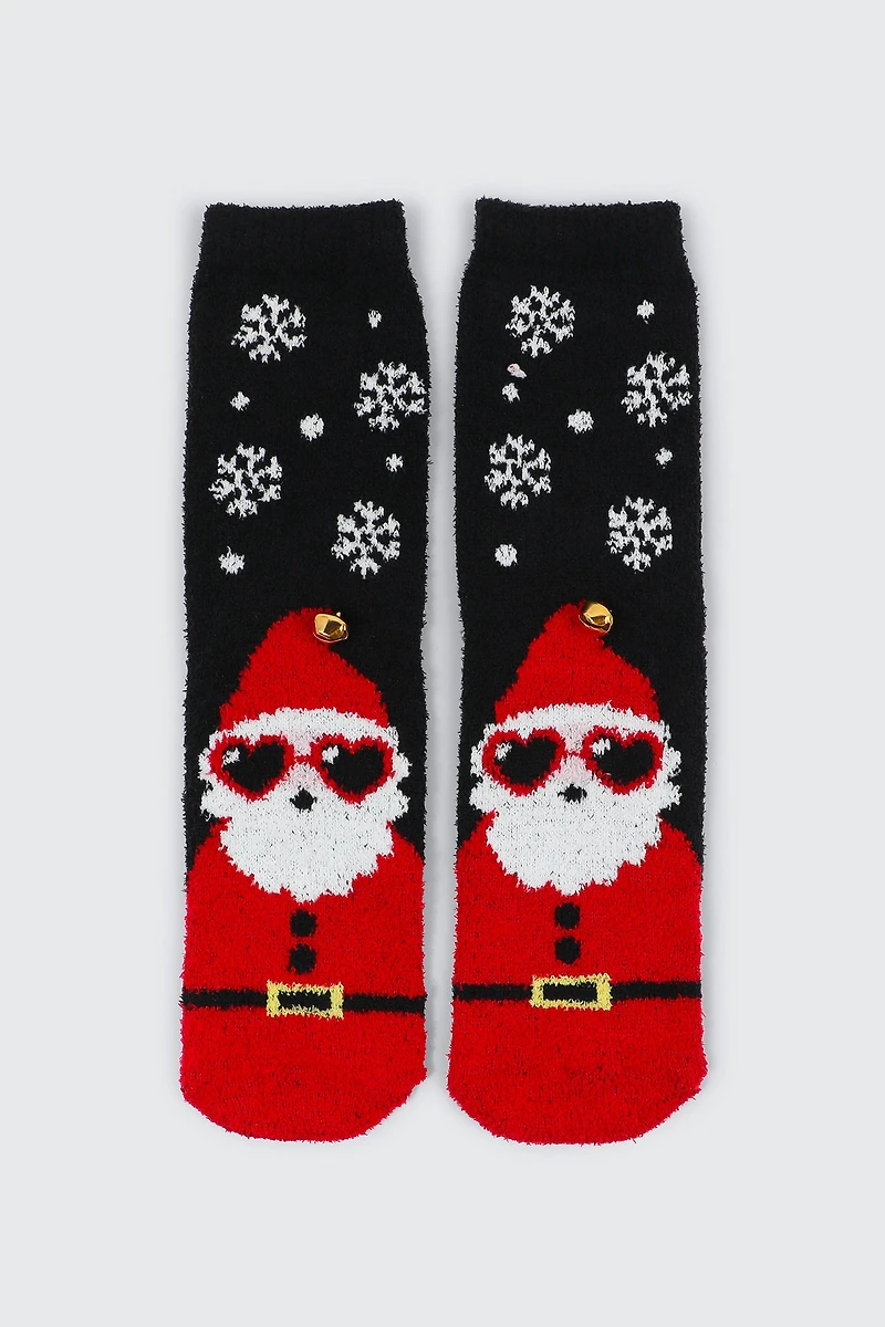 Ardene Santa with Sunglasses Cozy Socks in Red | Polyester/Spandex