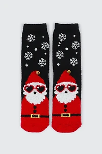 Ardene Santa with Sunglasses Cozy Socks in Red | Polyester/Spandex