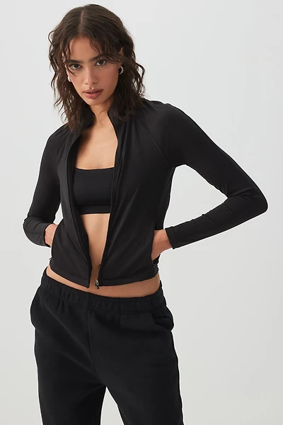 Ardene Fitted Zip Up Top in Black Licorice | Size | Nylon/Elastane