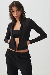Ardene Fitted Zip Up Top in Black Licorice | Size | Nylon/Elastane