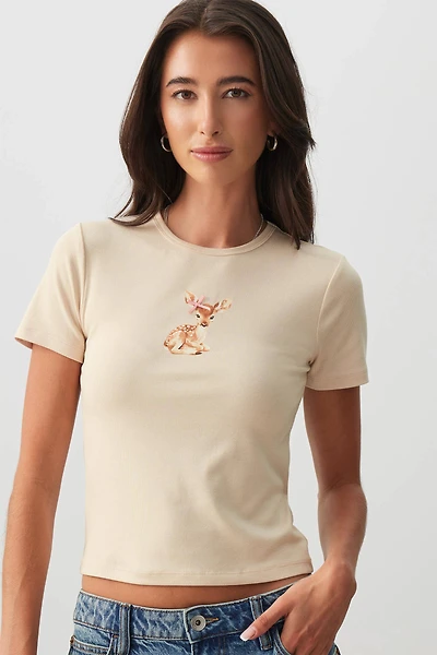 Ardene Fitted Graphic T-shirt in Beige | Size | Elastane/Viscose
