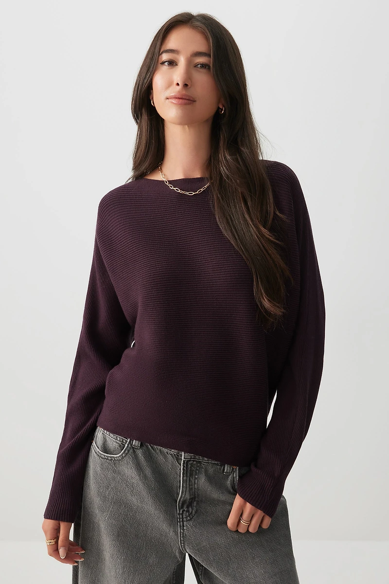 Ardene Horizontal Rib Dolman Sweater in Dark Purple | Size | Polyester/Rayon/Nylon