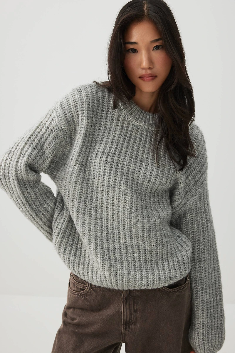 Ardene Chunky Rib Crew Neck Sweater in Grey | Size | Polyester