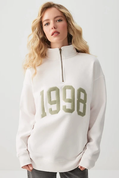 Ardene Embroidered Oversized Half Zip Sweatshirt in Off-White | Size | Polyester/Cotton | Fleece-Lined