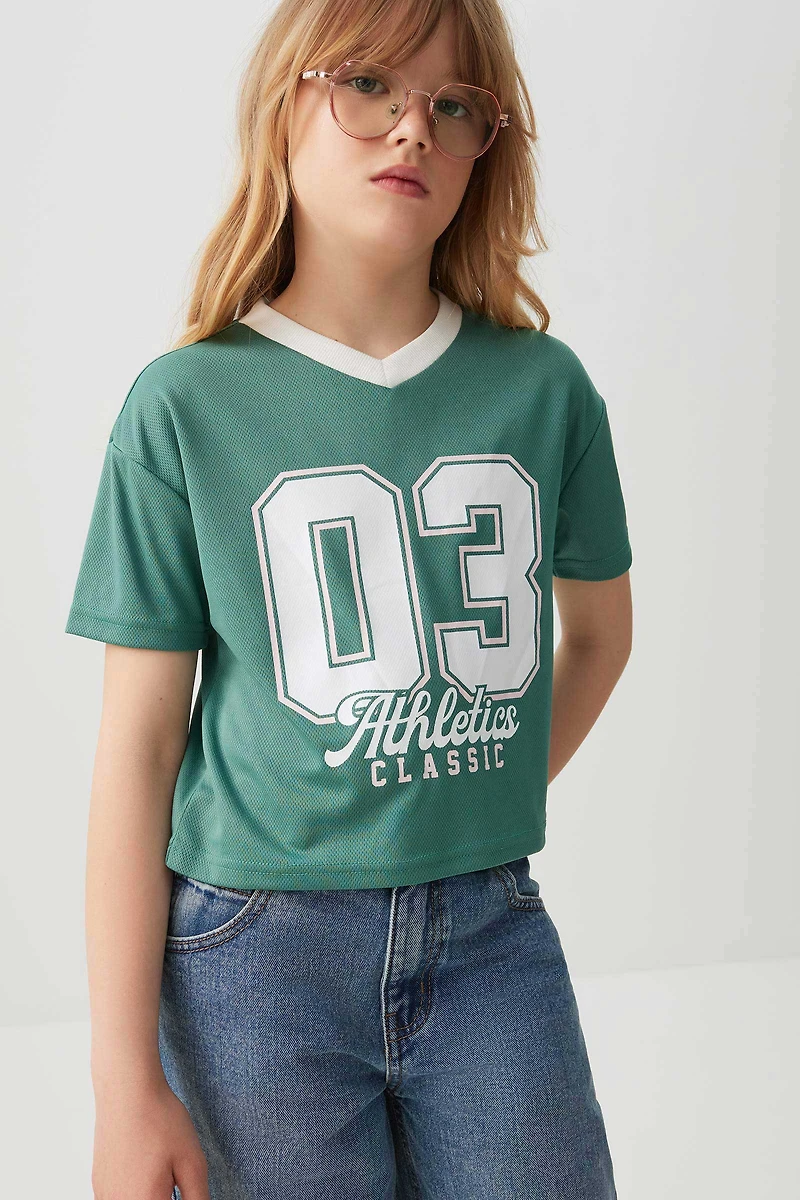 Ardene Kids Athletics Graphic Boxy T-Shirt in Medium Green | Size | Polyester