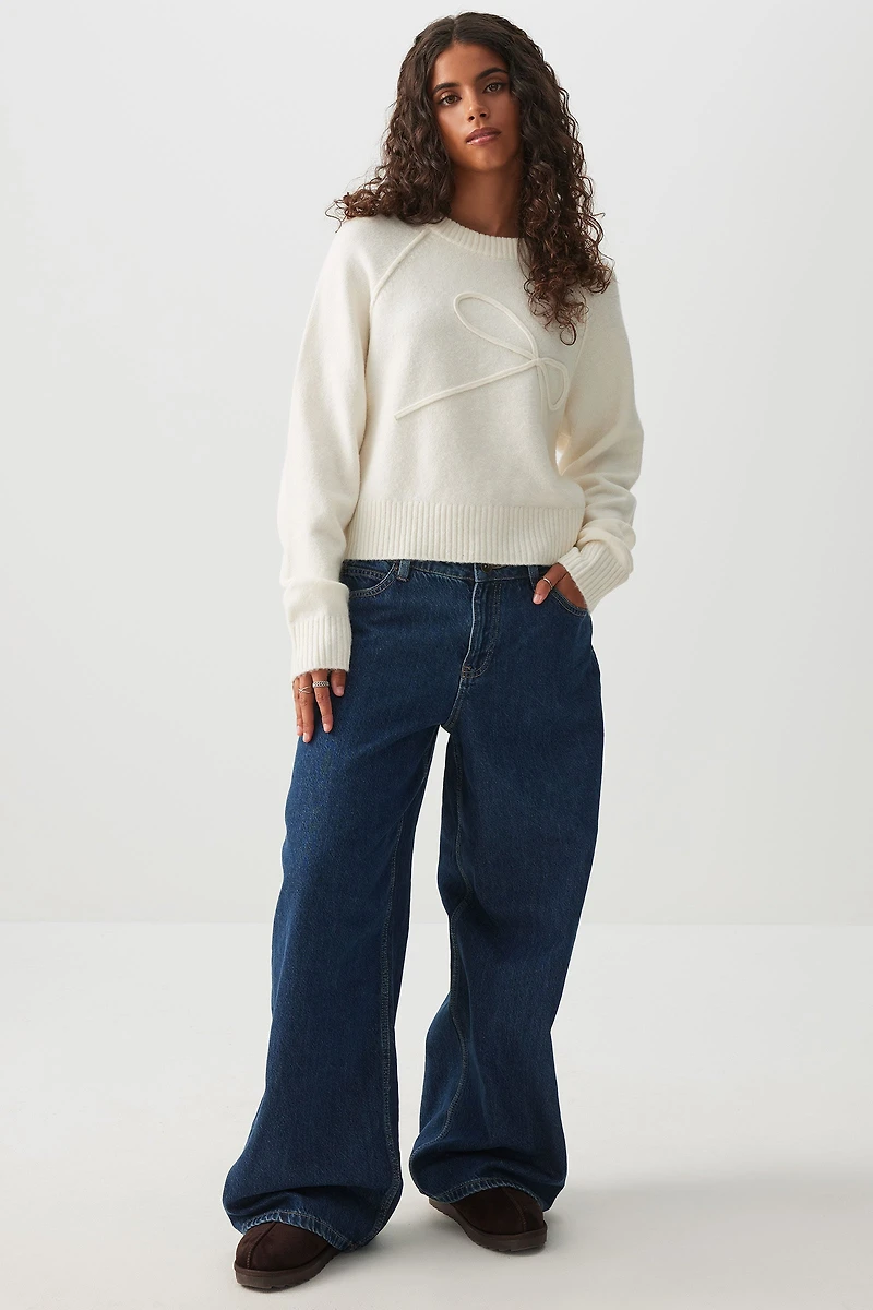 Ardene Raglan Sweater with Bow Detail in White | Size | Polyester/Spandex