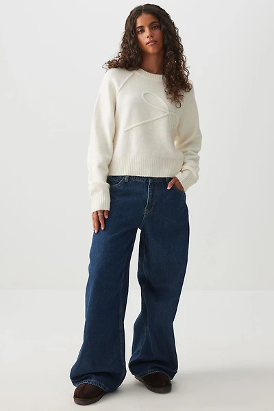 Ardene Raglan Sweater with Bow Detail in White | Size | Polyester/Spandex
