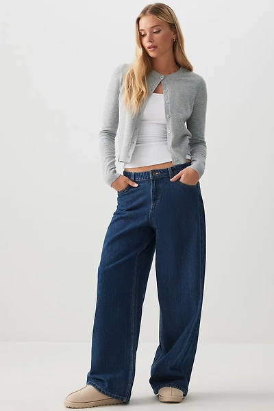 Ardene Low Rise Wide Leg Slouchy Jeans in Dark Blue | Size | 100% Cotton