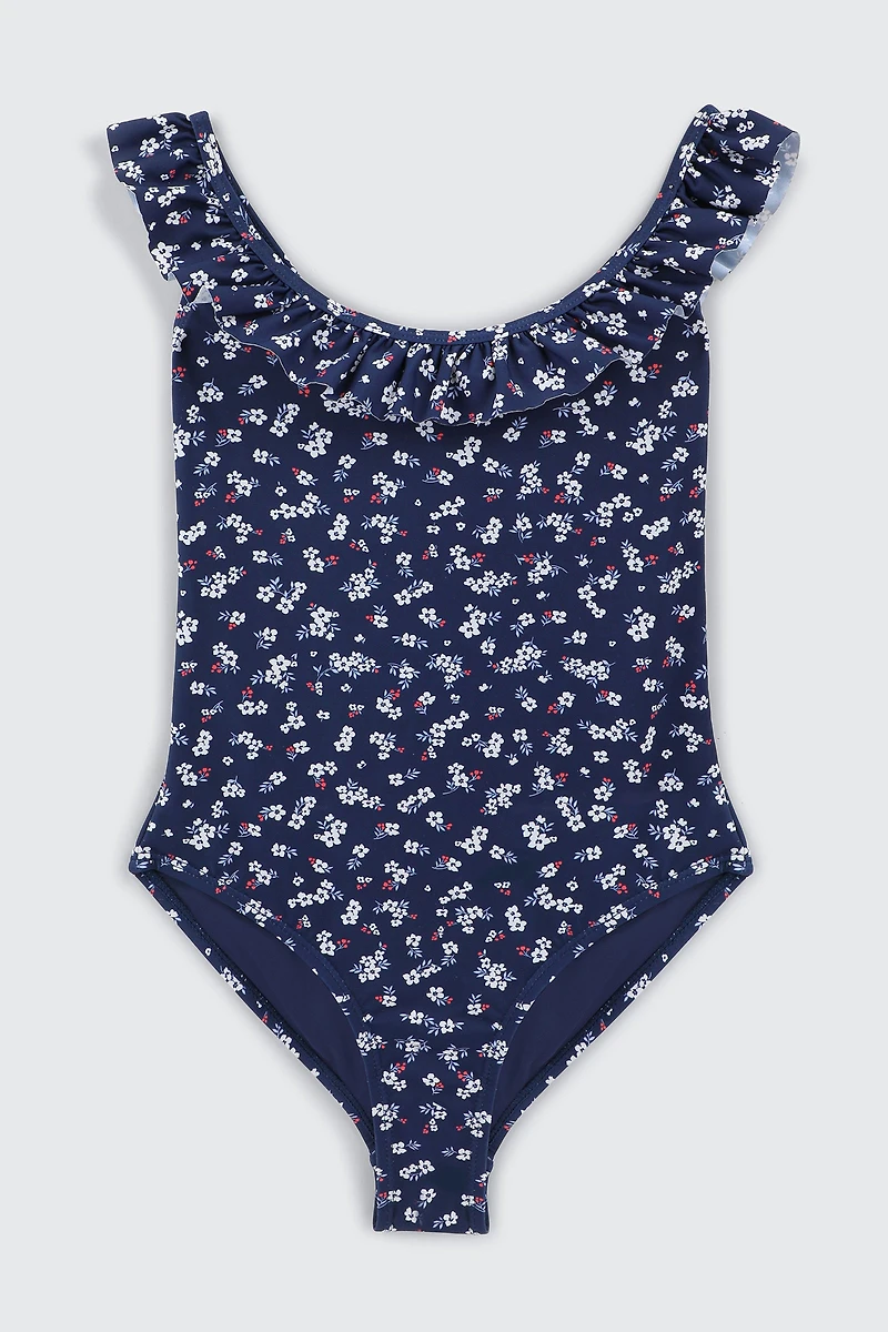 Ardene Kids Printed Ruffle One Piece Swimsuit in Dark Blue | Size Large | Polyester/Nylon/Elastane | Microfiber