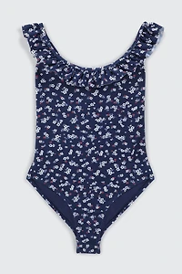 Ardene Kids Printed Ruffle One Piece Swimsuit in Dark Blue | Size Large | Polyester/Nylon/Elastane | Microfiber