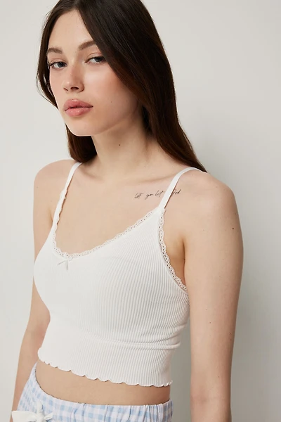 Ardene PJ Tank Top with Lace Detail in White | Size | Nylon/Elastane | Eco-Conscious