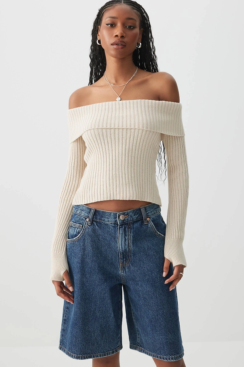 Ardene Off Shoulder Sweater in Beige | Size XL | 100% Cotton