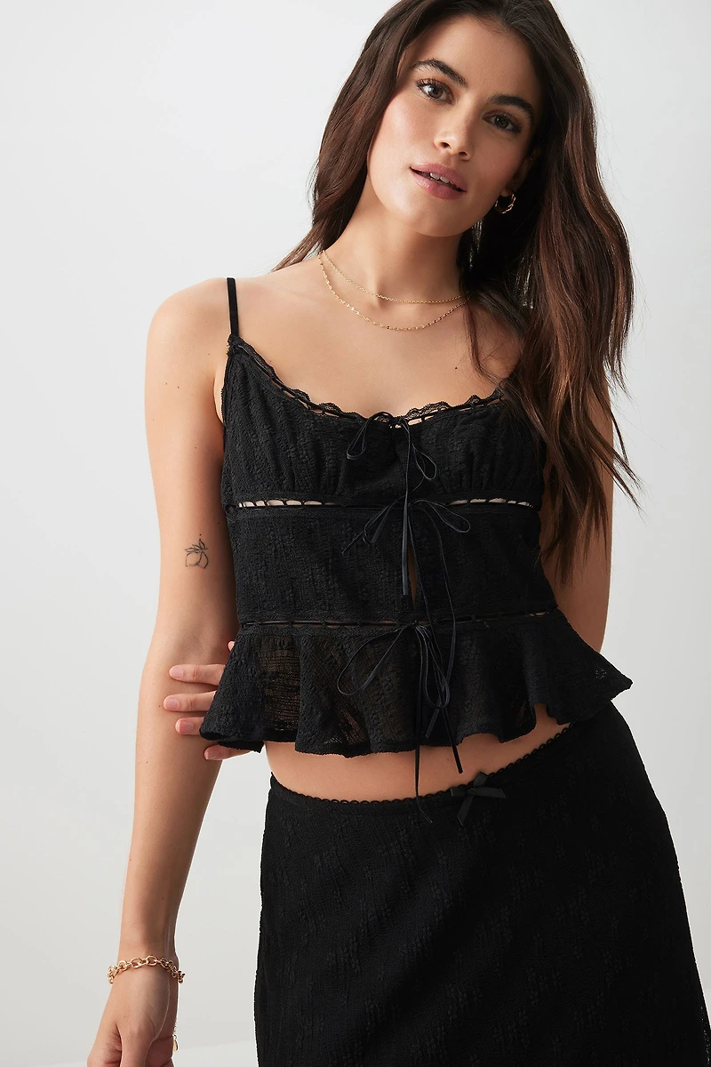 Ardene Textured Mesh Lace Trim Tank in Black | Size Small | Polyester/Nylon/Elastane