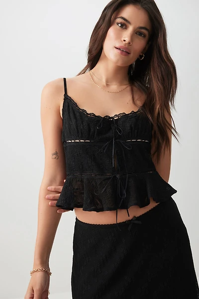 Ardene Textured Mesh Lace Trim Tank in Black | Size | Polyester/Nylon/Elastane