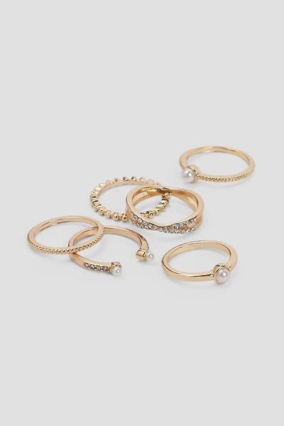 Ardene 6-Pack of Pearl & Stone Rings in Gold | Size Small
