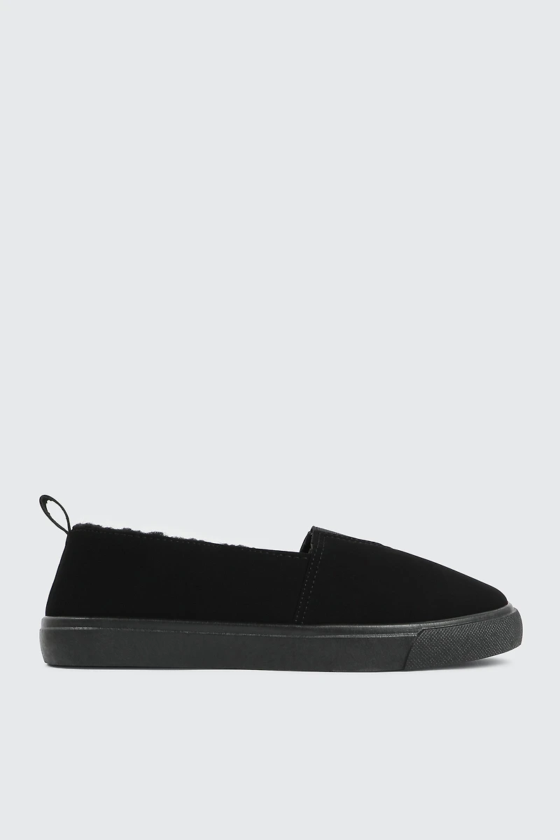 Ardene Sherpa Lined Slip On Sneakers in Black | Size | Faux Suede