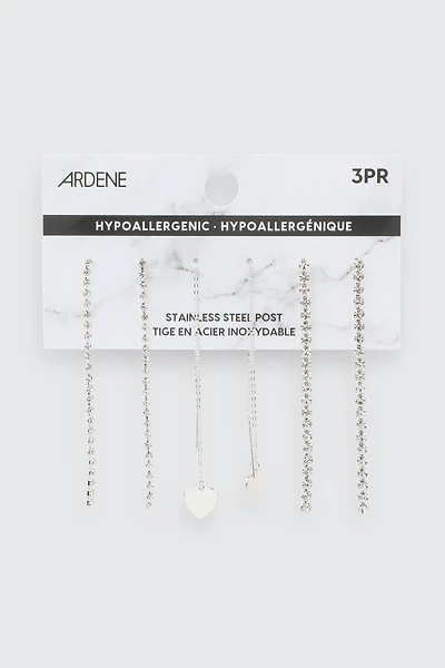 Ardene 3-Pack Rhinestone & Heart Drop Earrings in Silver | Stainless Steel