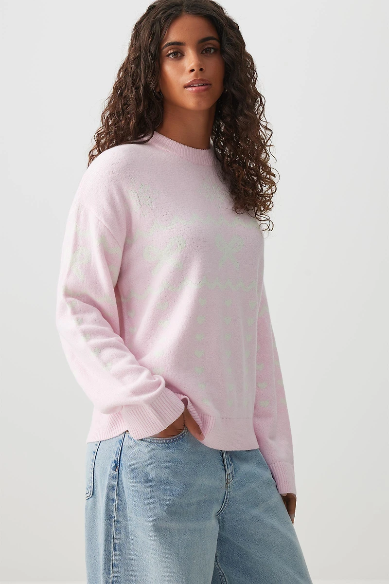 Ardene Fair Isle Bow Sweater in Light Pink | Size | Polyester/Elastane