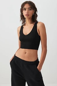 Ardene Seamless Crop V-Neck Tank Top in Black Licorice | Size | Nylon/Elastane | Eco-Conscious