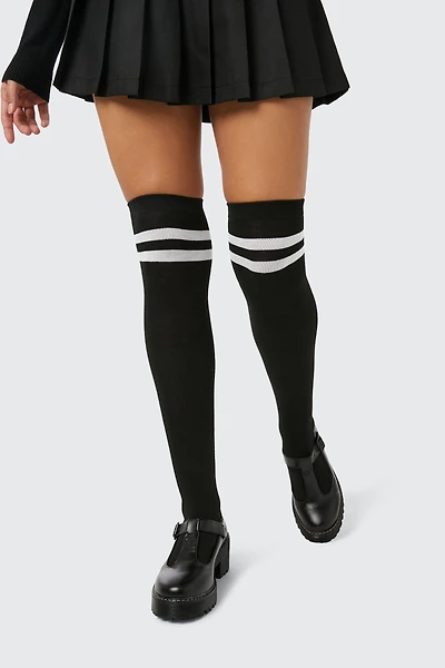 Ardene Striped Over-the-Knee Socks in Black | Polyester/Spandex