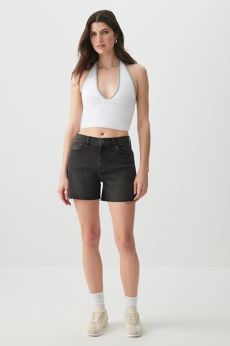 Ardene High Rise Midi Denim Shorts in Black | Size | Cotton/Elastane
