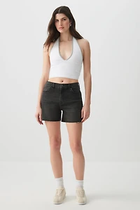 Ardene High Rise Midi Denim Shorts in Black | Size | Cotton/Elastane