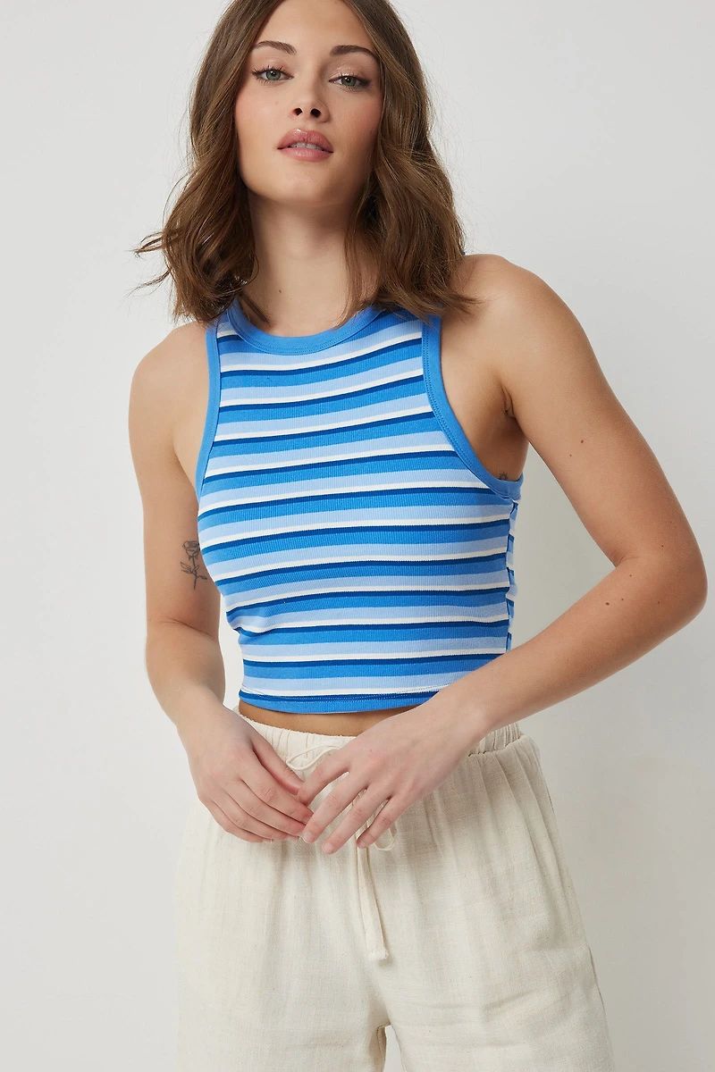 Ardene Crop Tank with Built-In Bra in Medium Blue | Size | Cotton/Elastane