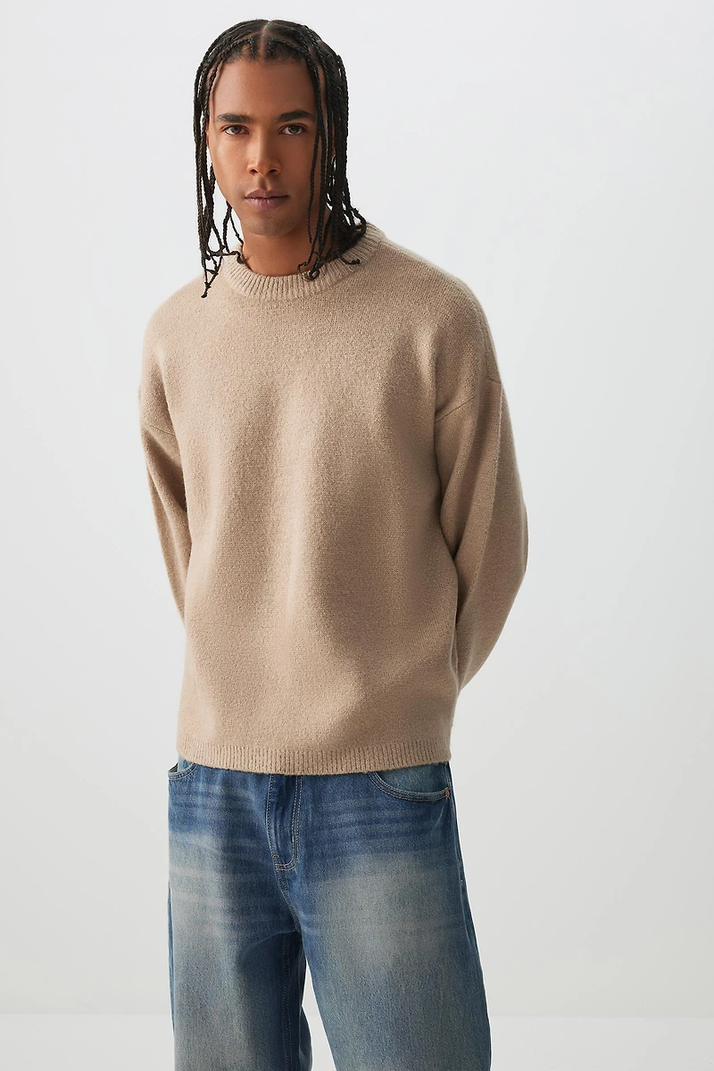 Ardene Man Solid Crew Neck Sweater For Men in Beige | Size | Nylon/Spandex/Cotton