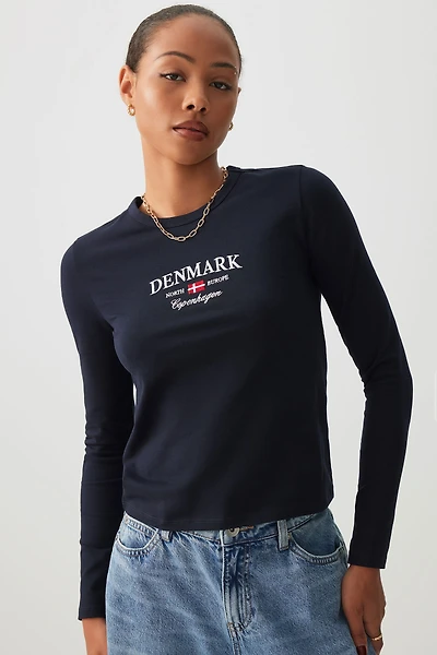 Ardene Graphic Short Long Sleeve T-Shirt in Dark Blue | Size | Cotton/Elastane/Viscose