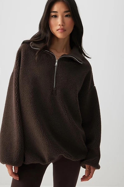 Ardene Oversized Sherpa Half Zip Sweatshirt in Brown | Size | Polyester/Cotton
