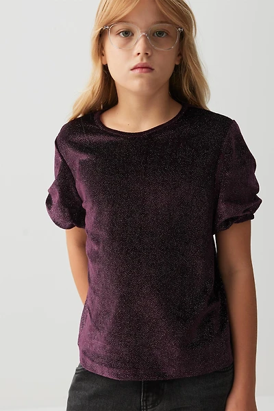 Ardene Kids Shiny Velvet Puff Sleeve Top in Dark Purple | Size | Polyester/Elastane