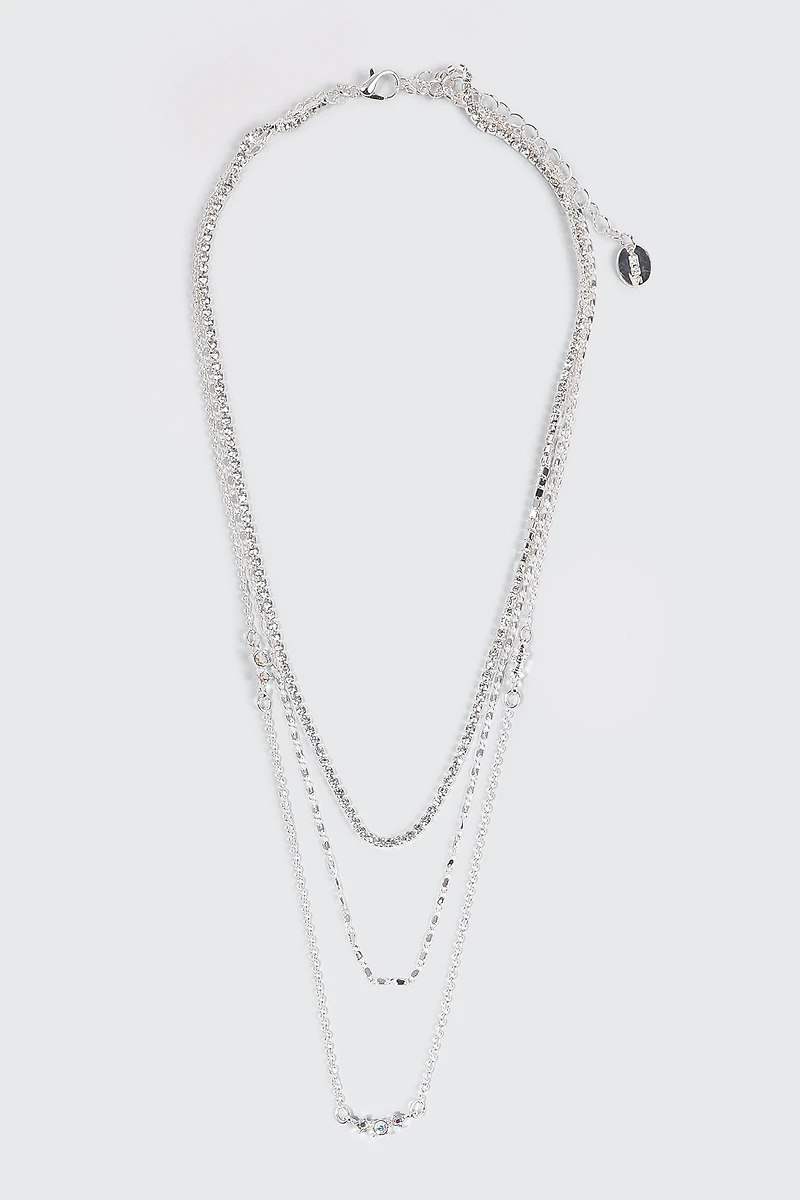 Ardene Three-Row Crystal Necklace in Silver