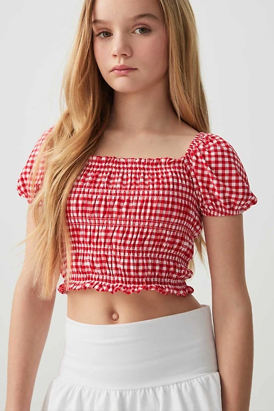Ardene Kids Printed Smocked Puff Sleeve Top in Red | Size XL | Polyester/Spandex