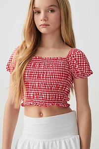 Ardene Kids Printed Smocked Puff Sleeve Top in Red | Size XL | Polyester/Spandex