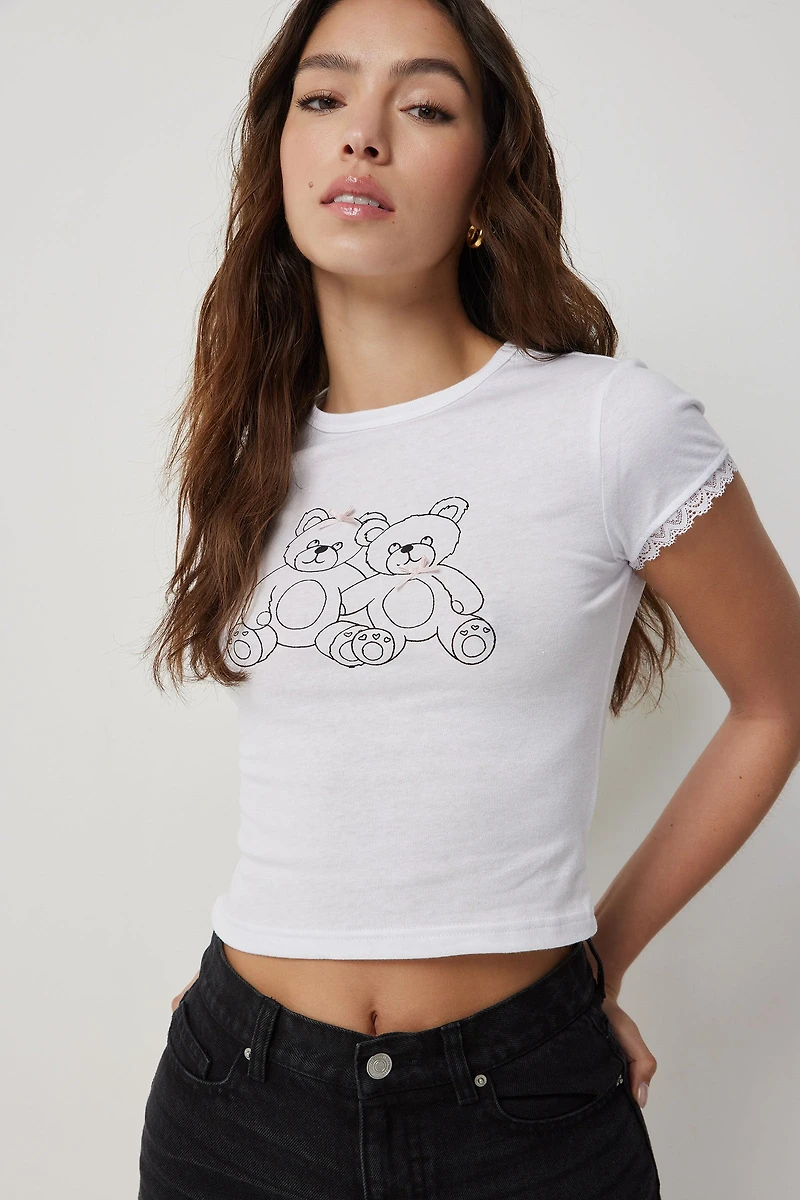 Ardene Teddy Bear Baby T-Shirt in White | Size XS | 100% Cotton