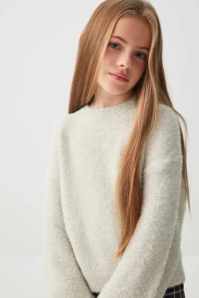Ardene Kids Shiny Fuzzy Sweater in Light Grey | Size Small | Polyester/Nylon