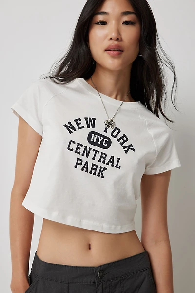 Ardene Graphic New York Crop Raglan T-Shirt in White | Size | 100% Cotton/Viscose