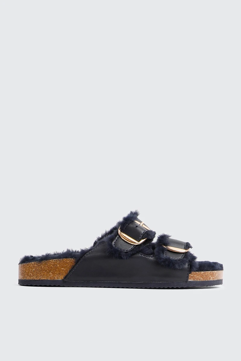 Ardene Faux Fur Lined Buckled Sandals in Dark Blue | Size | Faux Leather