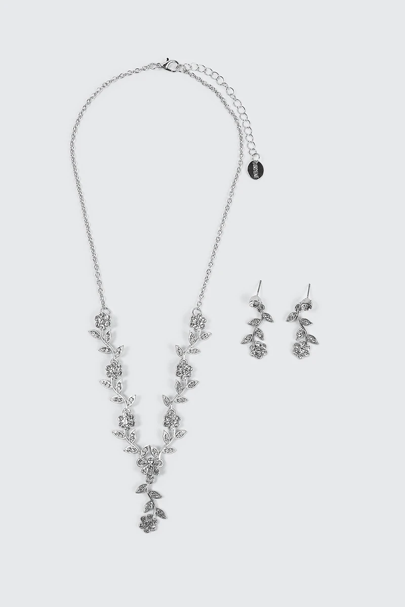 Ardene Floral Necklace and Earrings Set in Silver | Stainless Steel