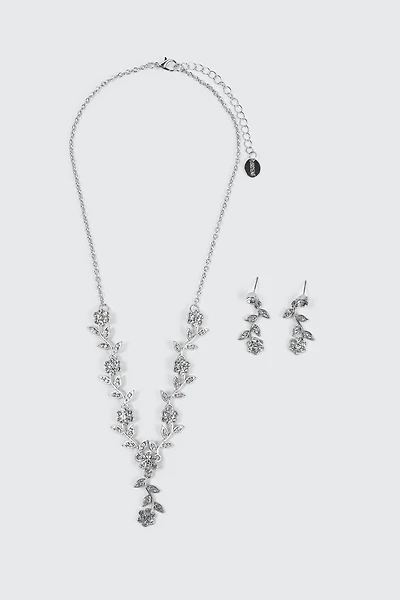 Ardene Floral Necklace and Earrings Set in Silver | Stainless Steel