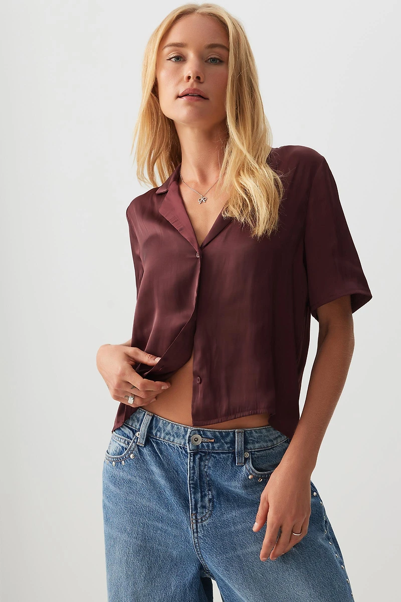 Ardene Short Sleeve Satin Shirt in Burgundy | Size | Polyester