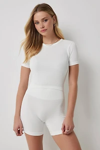 Ardene Crop Seamless Crew Neck T-Shirt in White | Size | Polyester/Nylon/Elastane