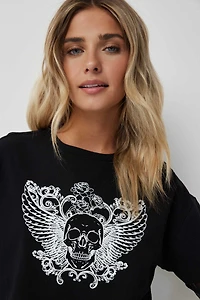 T-shirt carré à manches filet crâne ailé