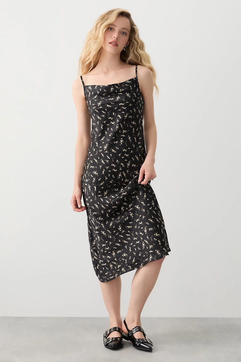 Ardene Ditsy Floral Satin Slip Dress in Black | Size | Polyester
