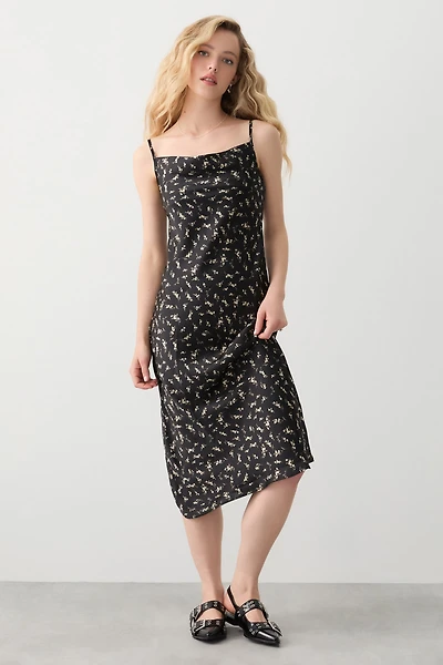 Ardene Ditsy Floral Satin Slip Dress in Black | Size | Polyester