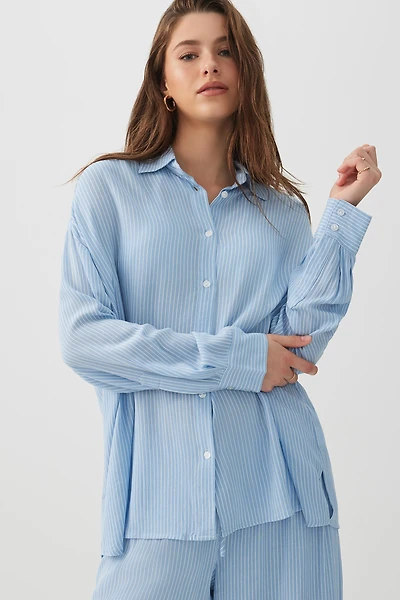 Ardene Crinkled Oversized Beach Shirt in Light Blue | Size | Rayon